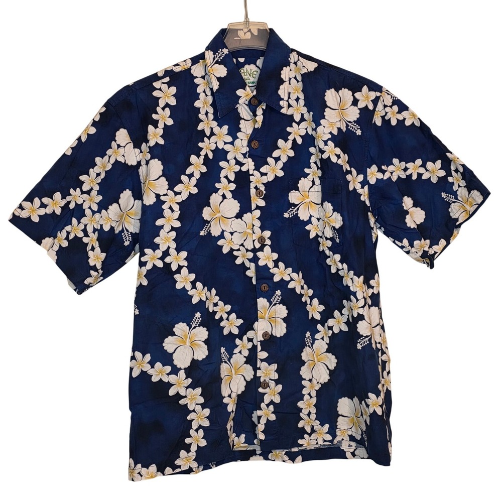 KANE Malia Mens L Hawaiian Aloha Shirt Blue White‎ Floral Cotton Made in Hawaii